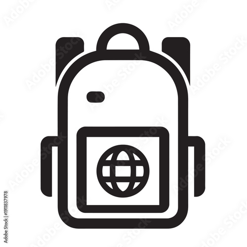 icon of a backpack featuring thick bold outlines, rounded main body with flattened bottom, curved shoulder straps meeting at a top handle, and a centered square pocket containing a stylized globe