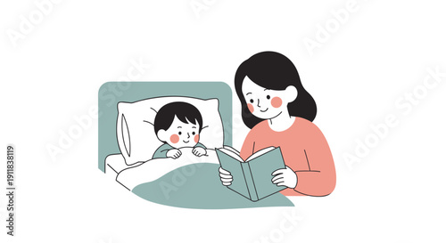 Heartwarming cartoon illustration of a loving mother reading a captivating bedtime story to her smiling child tucked comfortably in bed fostering imagination warmth and a, Generative AI.