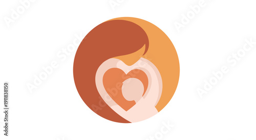 Dynamic circular logo illustration depicting a stylized mother affectionately embracing her child with their forms beautifully integrated to create a protective heart shape, Generative AI.