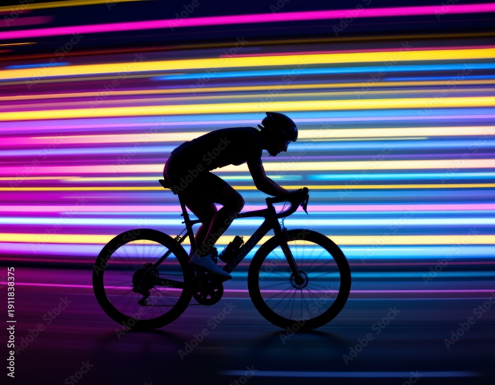 Fototapeta premium Cyclist Riding Through Vibrant Light Tunnel