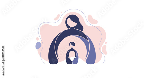 Abstract and symbolic illustration featuring a larger stylized mother figure lovingly embracing a smaller nested child figure representing protection deep maternal love and, Generative AI.