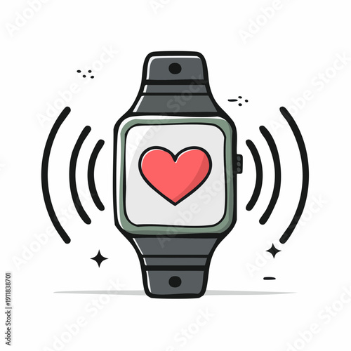 Dynamic illustration of a smartwatch displaying a red heart, surrounded by motion lines and sparkling energy effects, captured from a front‑center viewpoint on a clean white background
