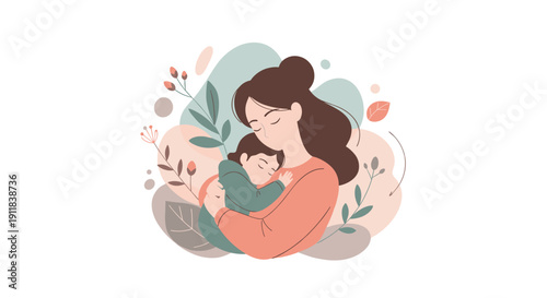 Tender illustration of a loving mother gently holding her peacefully sleeping baby surrounded by soft abstract floral and leaf elements symbolizing maternal tranquility, Generative AI.