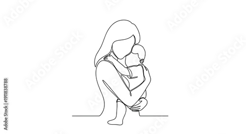 Elegant minimalist illustration crafted with a single continuous line depicting a loving mother tenderly holding her baby symbolizing an unbreakable bond maternal connection, Generative AI.