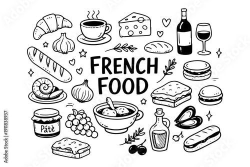 French food doodle set, hand drawn France cuisine symbols and traditional gourmet snacks in line art style