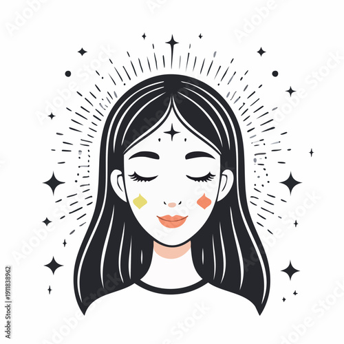 Serene meditation portrait of a woman with closed eyes, long dark hair, delicate earrings, and surrounding mystical stars and lines, captured in black‑and‑white illustration from a frontal viewpoint
