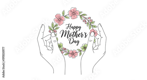 Graceful line art illustration featuring hands gently holding a delicate floral wreath adorned with pastel flowers and the Happy Mother's Day greeting symbolizing love care and, Generative AI.