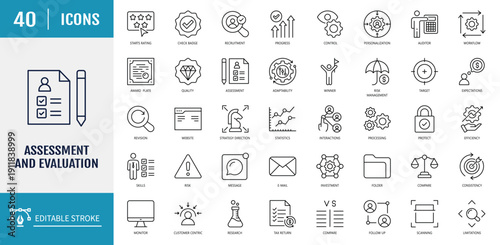 Assessment and Evaluation icon set. Includes assessment, evaluation, feedback, review, achievement and more. Outline icon set. Vector illustration with editable stroke