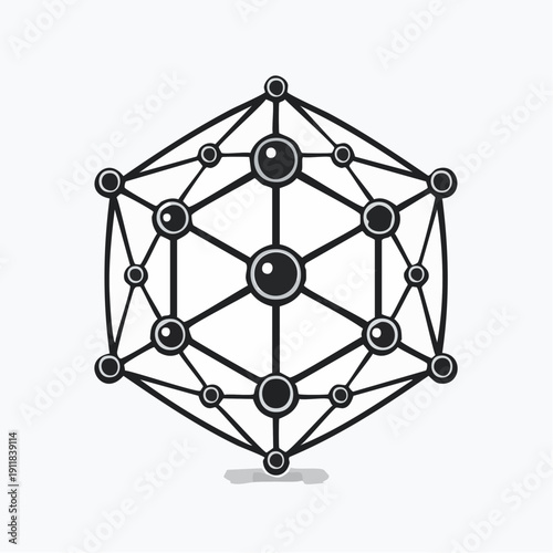 A detailed black‑and‑white illustration of a fly centered within an abstract geometric circle, captured from a frontal viewpoint, highlighting wings and symbols in a minimalist environment