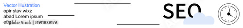 Digital marketing, SEO strategies, web analysis, time management, content creation, online growth. Text phrases with SEO lettering, cloud graphic and clock icon. SEO strategy and digital marketing