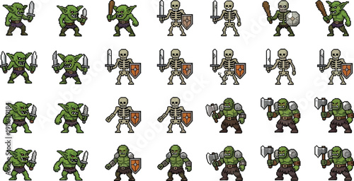 Collection of detailed pixel art sprites featuring various fantasy enemies including goblins skeletons and heavily armed orcs for game development assets