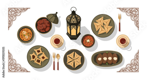 Flat lay illustration of various traditional Middle Eastern desserts and sweets on decorative plates with a lantern and utensils on a white background.