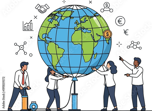 Global team collaborates on a project with a large globe and financial symbols