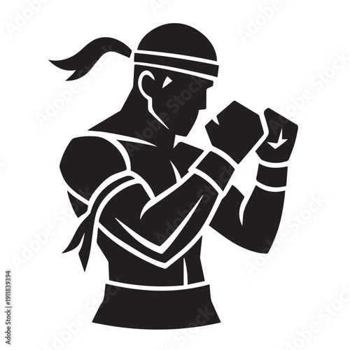 Muay Thai Fighter Silhouette - Defensive Stance with Armbands and Headband