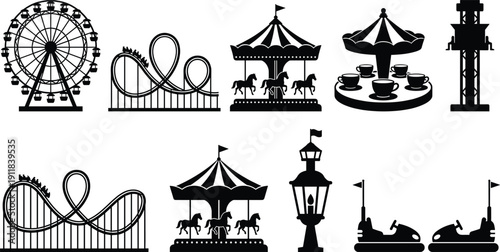 Happy New Year Skyline Silhouette with Fireworks Celebration, Amusement Park Ferris Wheel, Roller Coaster, and Carnival Ride Icons for Festive Metropolitan Event Greeting