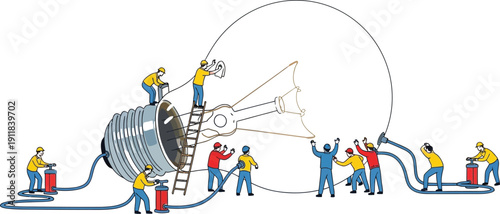 Team of maintenance workers repairing and upgrading a large light bulb together efficiently