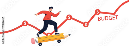 Businessman riding pencil on budget chart showing increasing financial success and growth