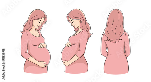 Three tender illustrations showcasing a pregnant woman gently cradling her baby bump in front side and back views capturing the beautiful journey of maternity and expectation, Generative AI.
