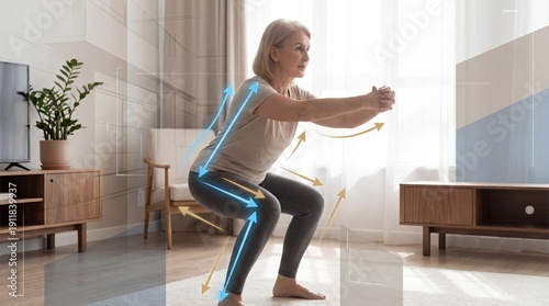 A determined woman executing a squat indoors, showcasing proper form and technique with instructive lines, highlighting the importance of exercise and home fitness.