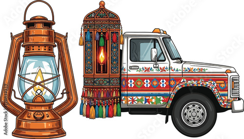 Vintage lantern and ornate lamp beside a decorated truck in a colorful illustration
