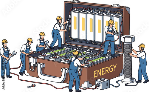 Workers assembling large battery energy storage system with safety equipment and tools