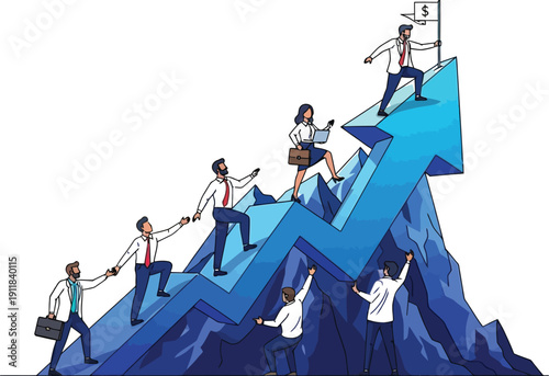 Business professionals climbing a mountain together reaching success with large arrow upward trend
