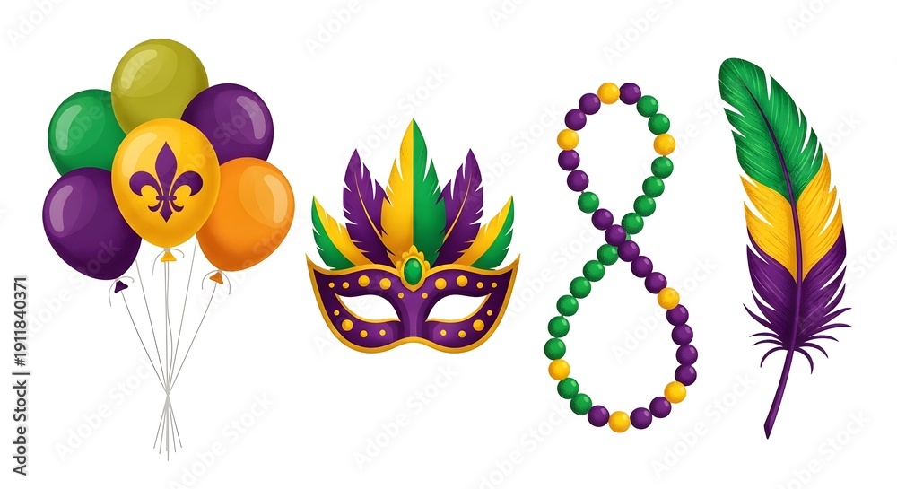 Obraz premium Mardi gras party decorations with balloons, mask, beads and feather on white background