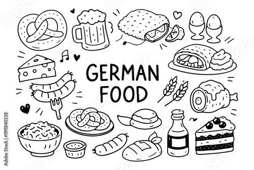 German food doodle set, hand drawn Germany cuisine symbols, Oktoberfest snacks and traditional meals in line art style