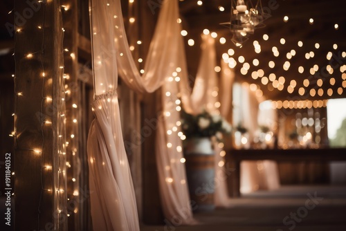 Wallpaper Mural Draped sheer fabric and warm string lights decorating a barn interior for a special event Torontodigital.ca