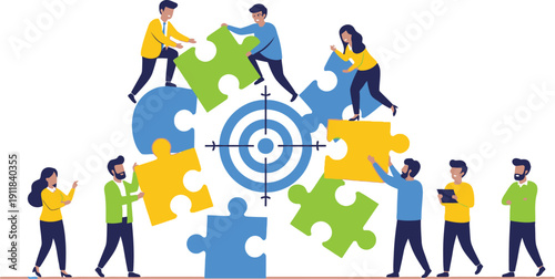 Team of professionals collaborate to assemble puzzle pieces around a target bullseye center
