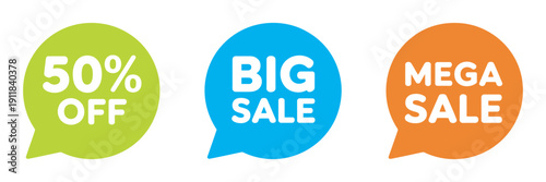 Sale speech bubbles green blue orange design, 50 percent off big sale mega sale discount promotional marketing banner template