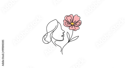 Delicate continuous line art illustration presenting a graceful woman's profile admiring a soft pink flower elegantly representing natural beauty feminine charm and serene, Generative AI.