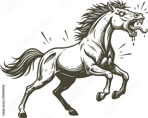 Aggressive wild horse illustration with open mouth and sharp teeth. Angry stallion silhouette in a detailed hand-drawn style. Mean animal mascot vector for sports or streetwear.