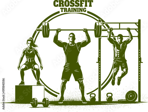 CrossFit training concept illustration with athletes performing various exercises. Silhouette of people weightlifting, doing pull-ups, and box jumps. Fitness and bodybuilding emblem for gym