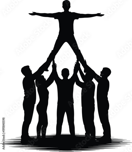 Teamwork human pyramid silhouette, group of people lifting leader in trust and support concept isolated vector illustration