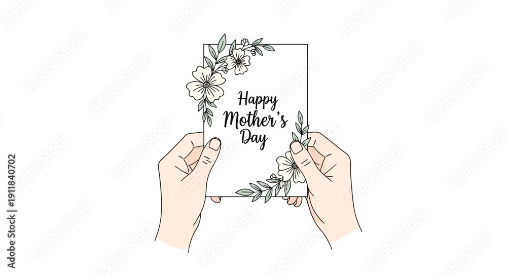 Obraz premium Two gentle hands delicately holding a beautiful Happy Mother's Day greeting card elegantly adorned with intricate floral and leafy vine decorations conveying heartfelt, Generative AI.