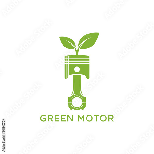 Eco friendly engine piston with growing leaf icon for sustainable automotive technology company branding logo called GREEN MOTOR