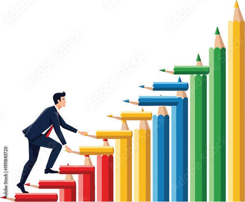 Businessman ascends stairs made of colorful pencils, symbolizing career growth and professional success steadily