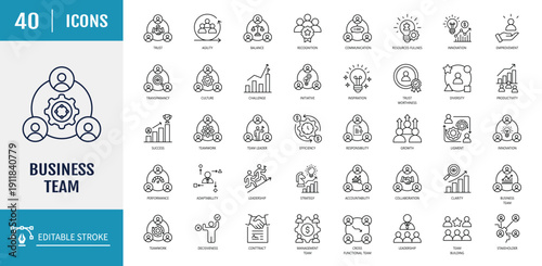 Business team icons set. Includes collaboration, Research, Meeting and more. Outline icon set. Vector illustration with editable stroke