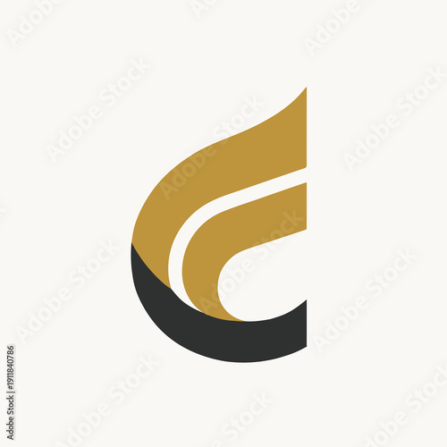 Elegant abstract logo featuring a stylized curved form with overlapping matte black and metallic golden-yellow strokes creating a flame-like or wing-like silhouette.