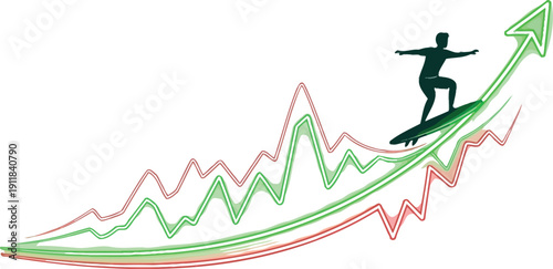 Confident surfer riding a green financial graph upward trend with green arrow indicator