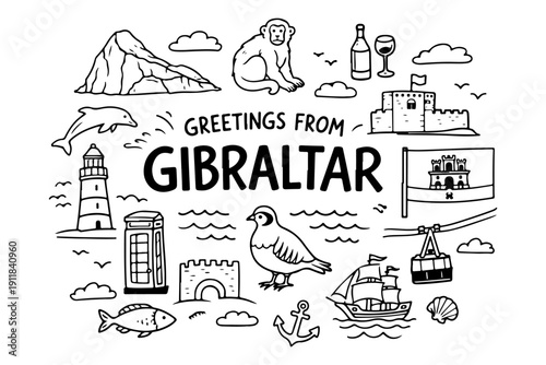 Gibraltar travel doodle set, hand drawn symbols and landmarks of the Rock, monkeys and nautical icons in line art style