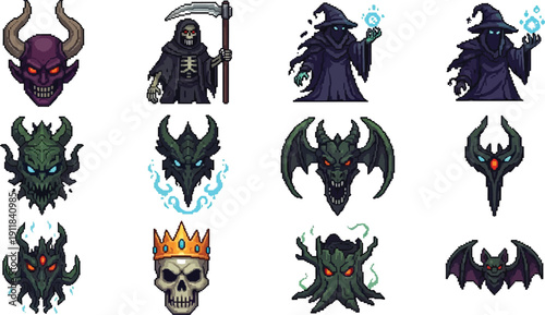 Collection of twelve distinct pixel art fantasy game icons featuring various menacing characters monsters and magical evil symbols for user interfaces