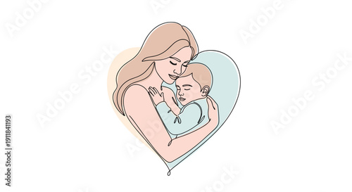 An elegant and continuous one-line art drawing capturing the profound tenderness of a mother lovingly embracing her sleeping baby gracefully enclosed within a heart shape, Generative AI.