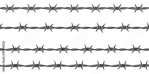 Barbed Wire Fence Lines Spiky Textured Border Isolated Vector Illustration, Security Barrier Design Element For Perimeter Protection And Restricted Area Warning.