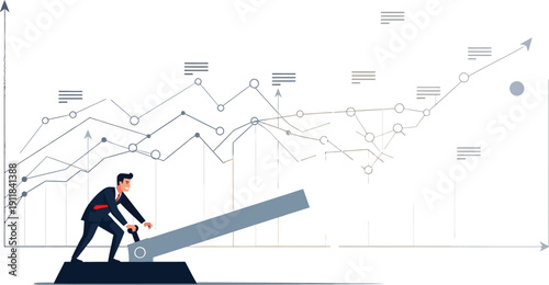 Determined businessman pushes a lever to drive business growth and success in the corporate world