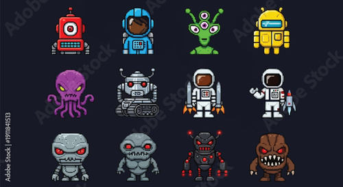Collection of twelve distinct pixel art characters featuring various retro style robots astronauts aliens and fearsome monsters for game design assets