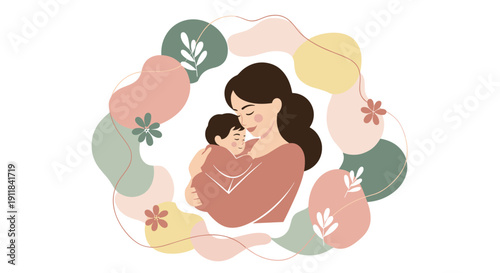 A heartwarming illustration of a serene mother tenderly embracing her baby elegantly framed by a harmonious composition of soft abstract organic shapes and delicate floral, Generative AI.