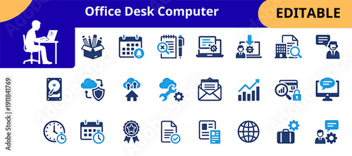 Office Workspace Computer Icons Collection for Business Management