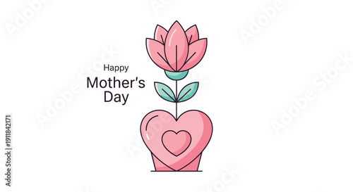 A charming and heartfelt illustration presenting a graceful pink flower blooming from a heart-shaped pot complemented by the warm text Happy Mother's Day symbolizing love, Generative AI.